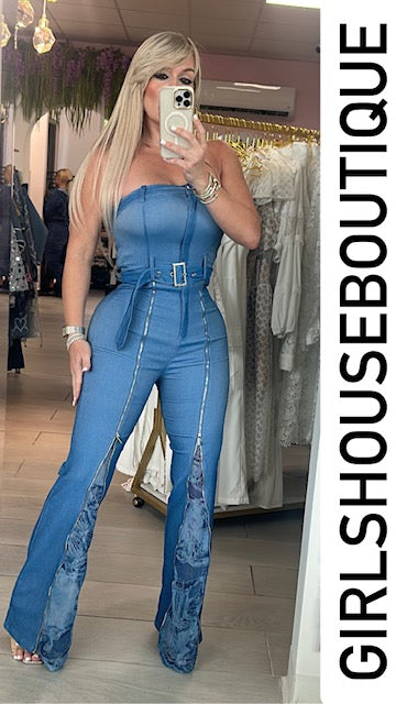 Stretch Denim Tube Top Jumpsuit