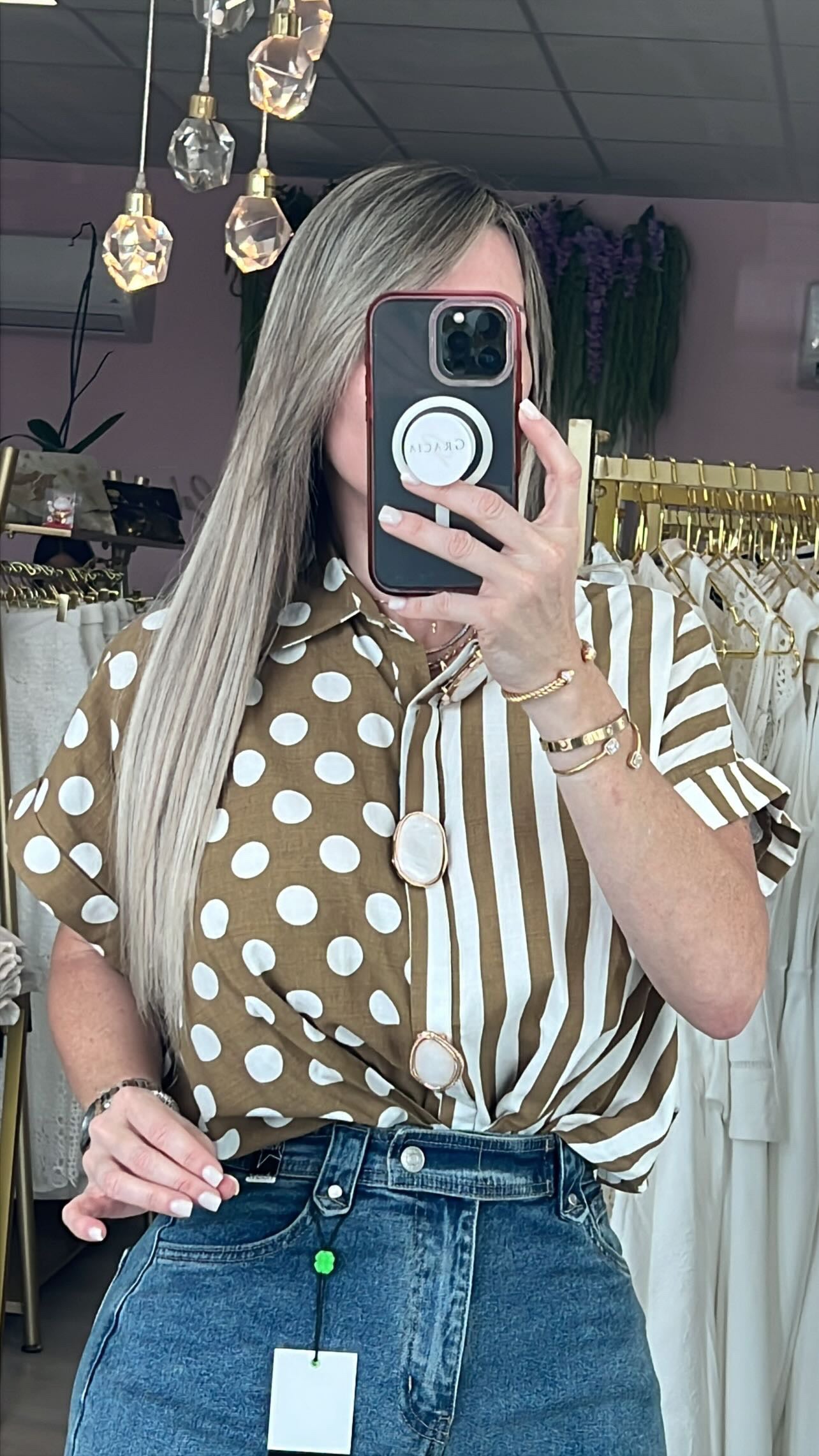 Mocha Polka Dots & Vertical Stripe Button Up