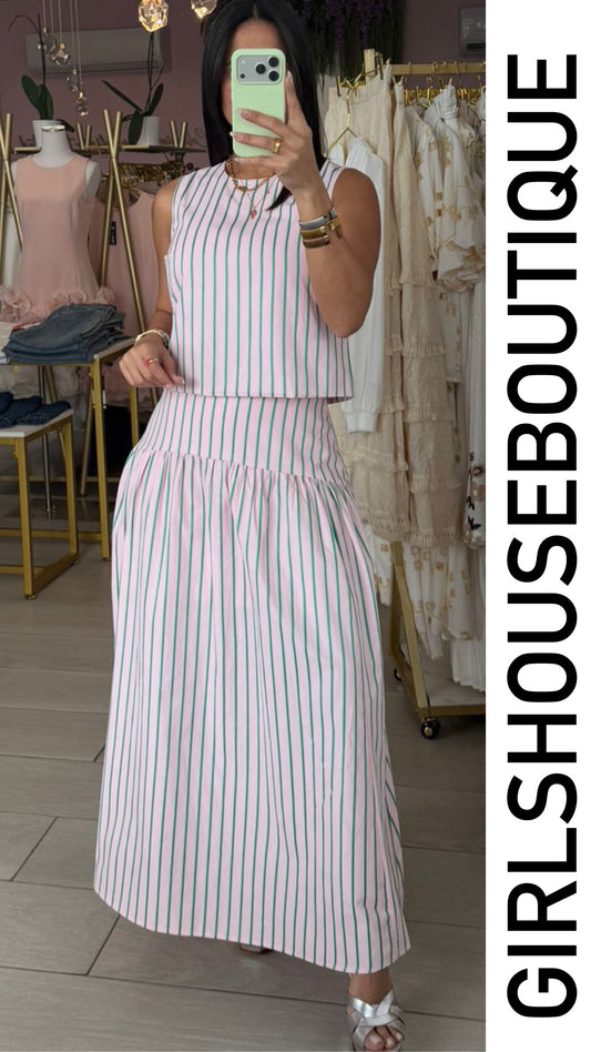 Soft Pink Colors Stripe Top & Skirt Set