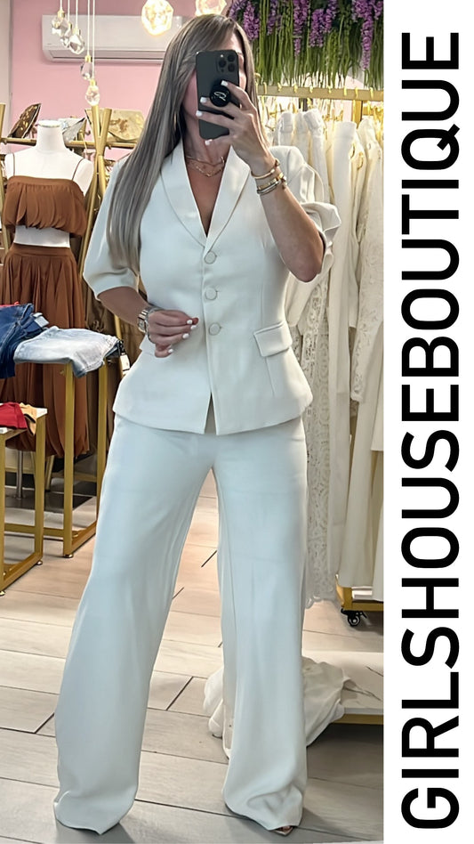 White Bone Front Buttons Vest & Pant Set (OVI COLLECTION)