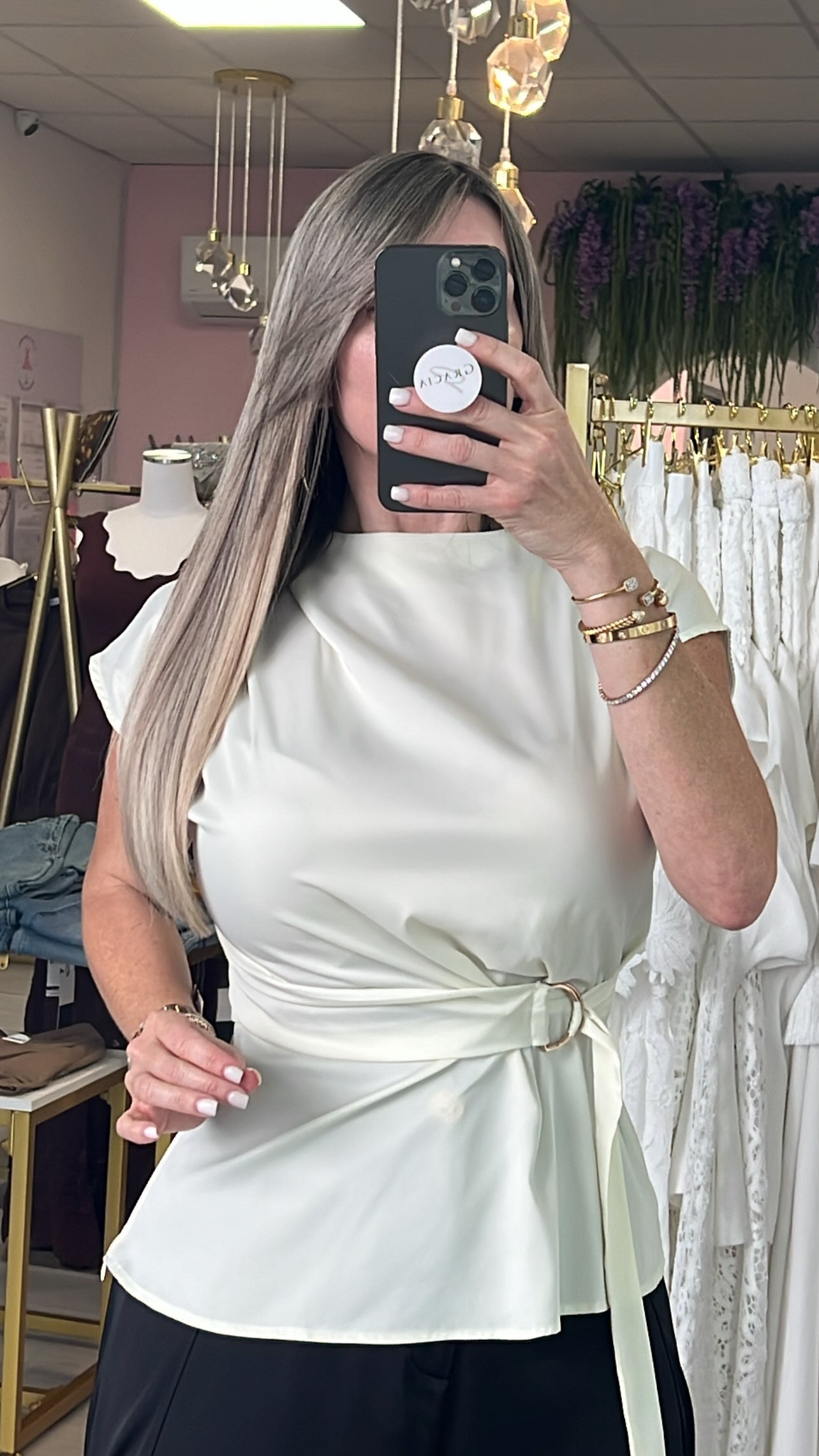 Champagne Wrap Around Turtle Neck Satin Blouse
