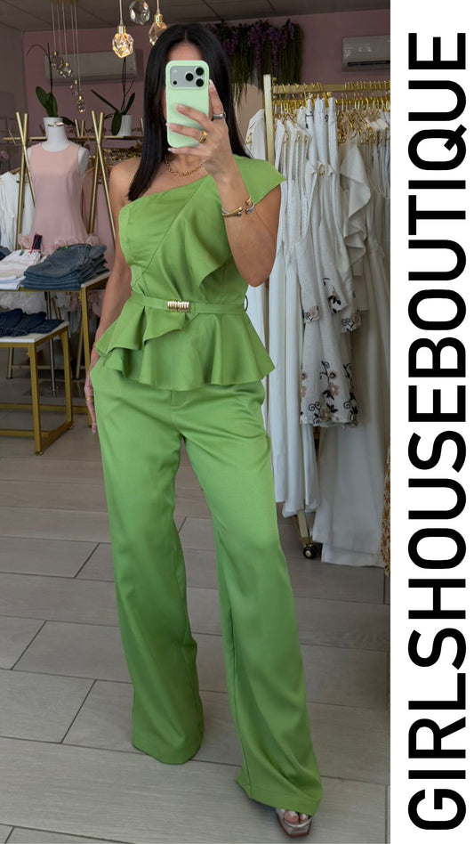 Avocado One Shoulder Ruffle Top & Pant Set
