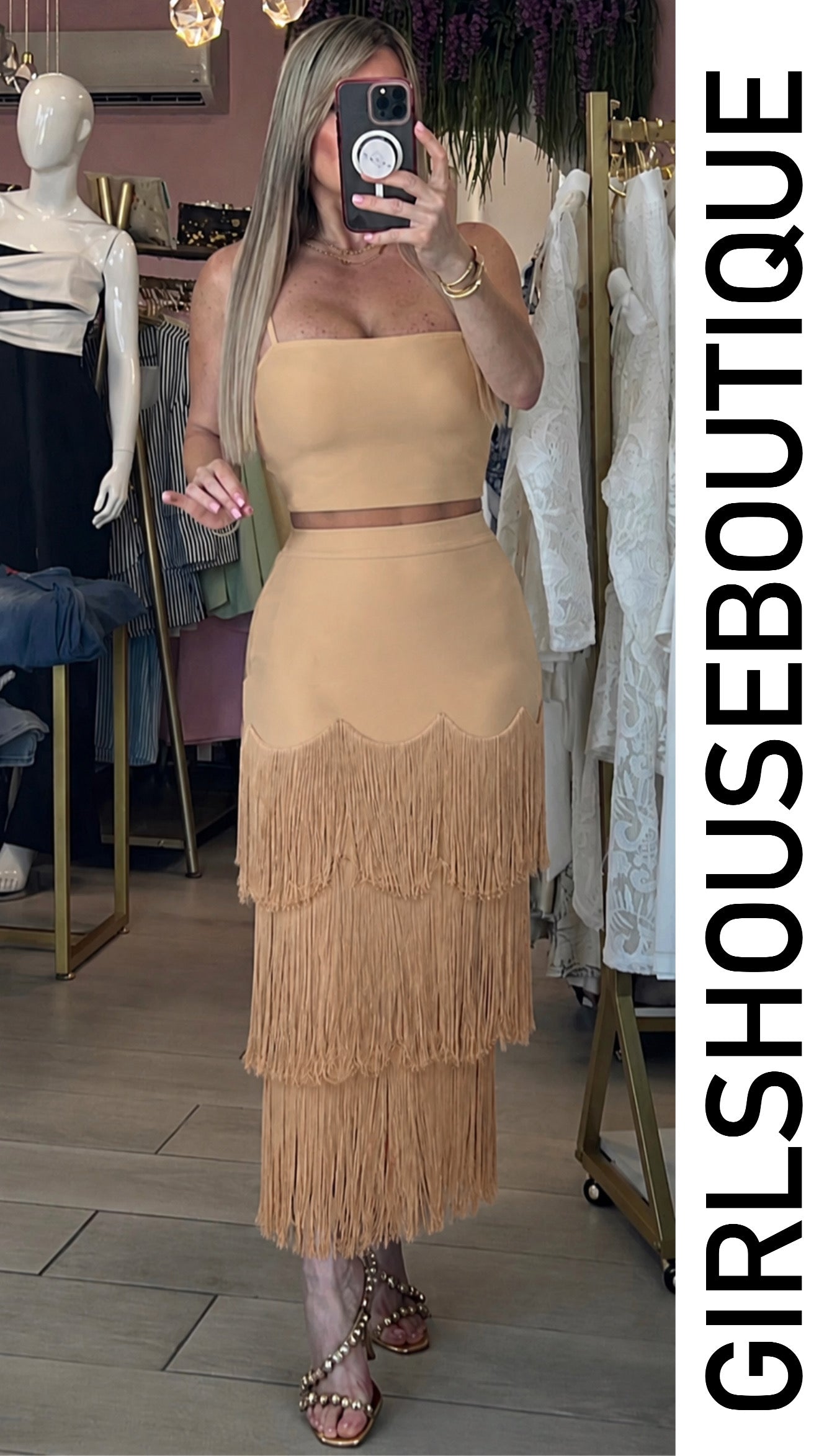 Taupe Luxe Strech Top & Midi Fringe Skirt Set
