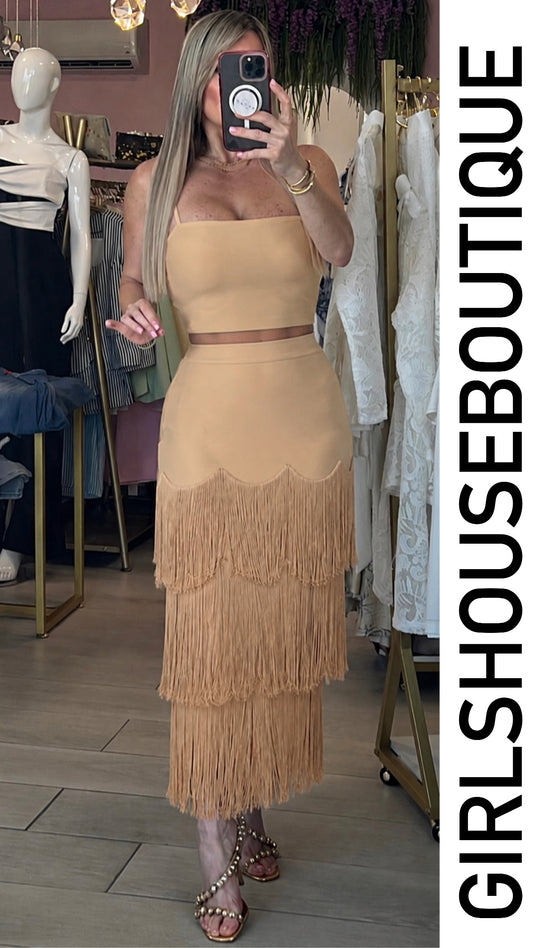 Taupe Luxe Strech Top & Midi Fringe Skirt Set