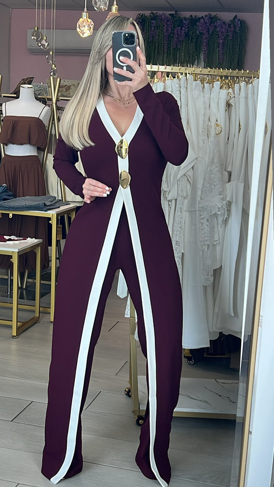 Wine Gold Front Buttons Strech Asymetric Jumpsuit