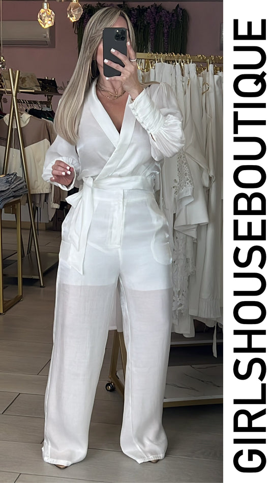 White Pearl Satin Wrap Around Top & Elegance Pant Set (Tiene elástico en la cintura)