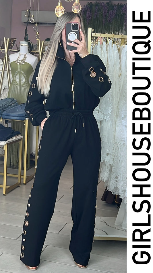 Black L’Anneu Gold Zip-Up Jacket & Pant Set