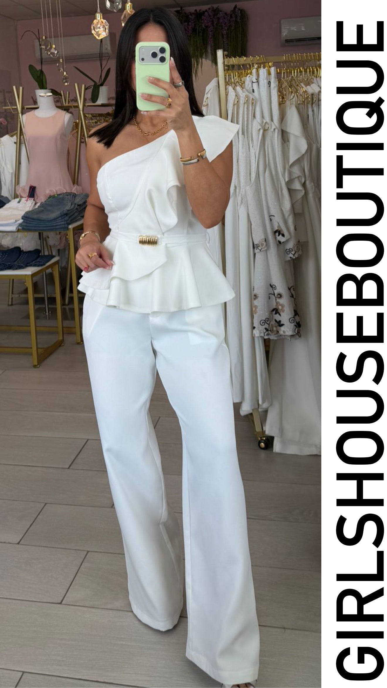 White One Shoulder Ruffle Top & Pant Set
