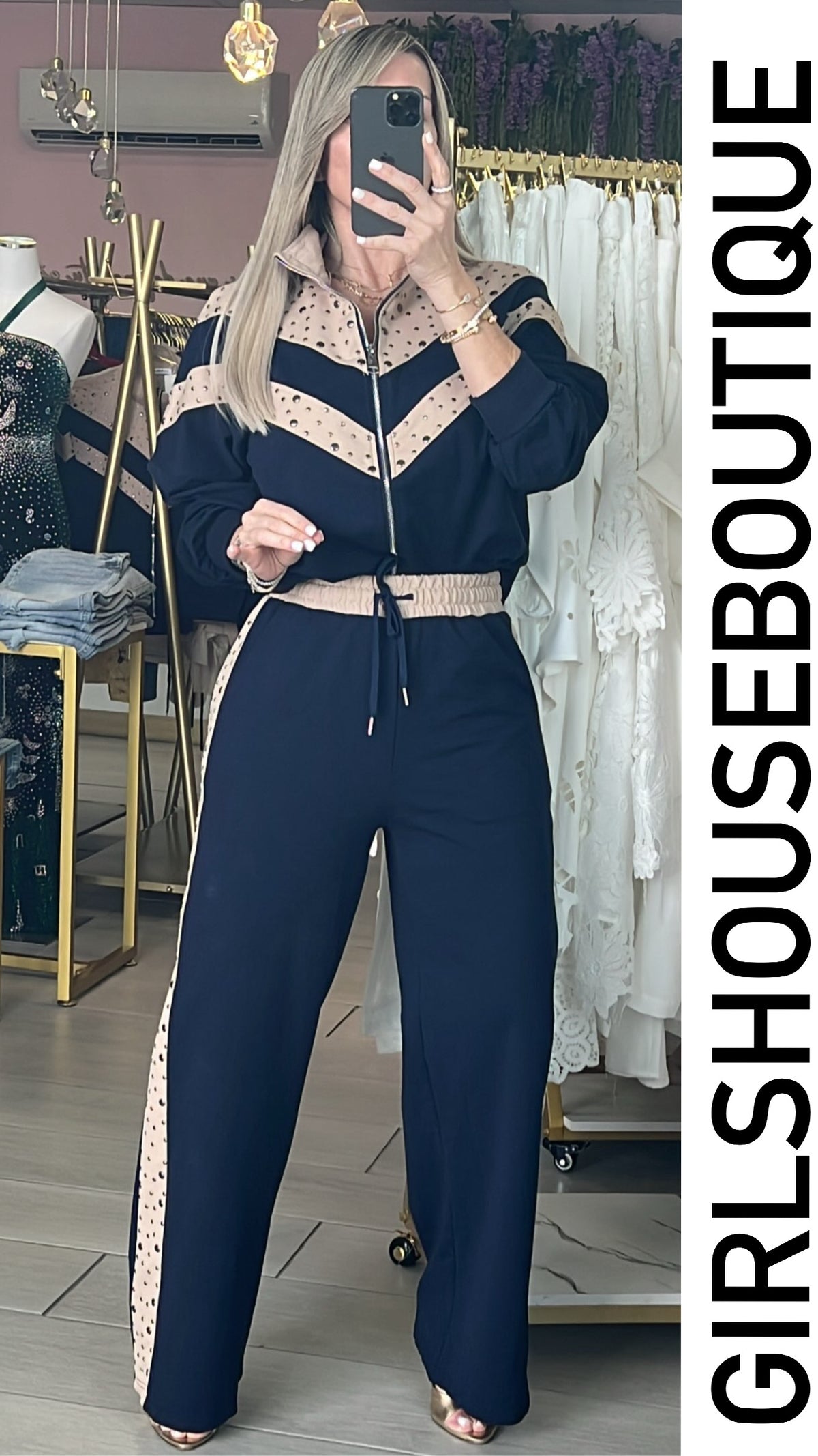 Navy&Taupe Silver Dots Zip-Up Jacket & Pant Set