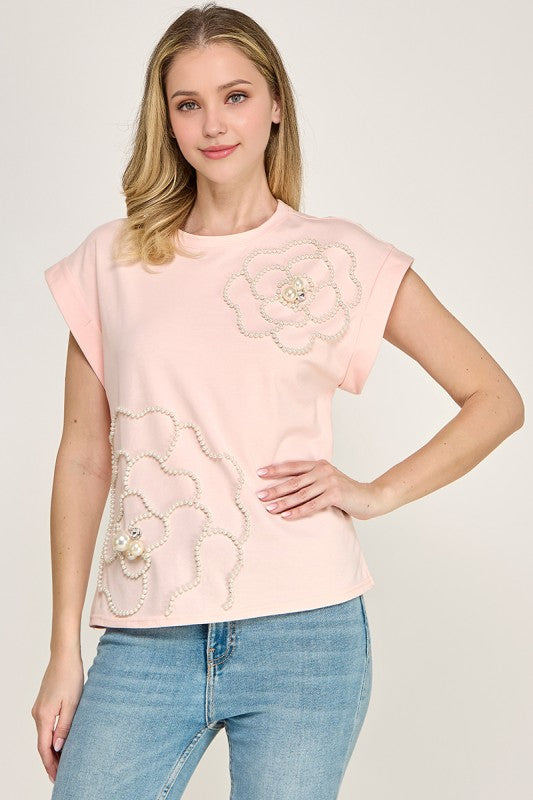 Soft Pink Pearl Flower Blouse