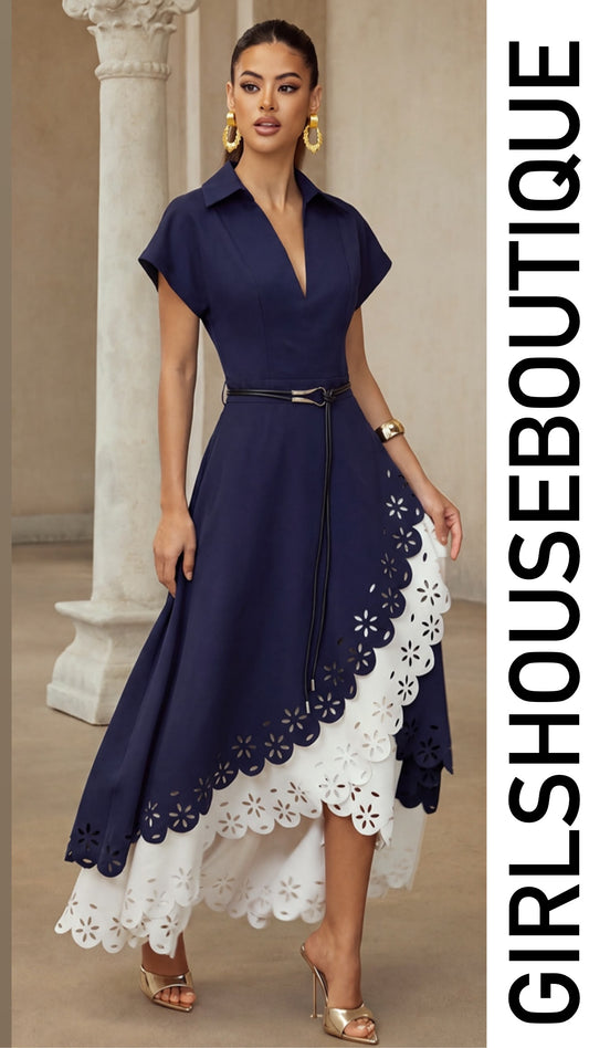 Navy Blossom Asymetric Design Midi Dress