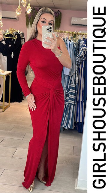 red slinky dress Wholesale V-NECK LONG SLEEVES MINI SP9710D for your store Leg slit SHAPE red SLINKY FISHTAIL SLEEVELESS