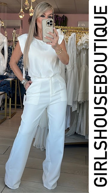 White Rhinestone Shoulder Top and Pant Set