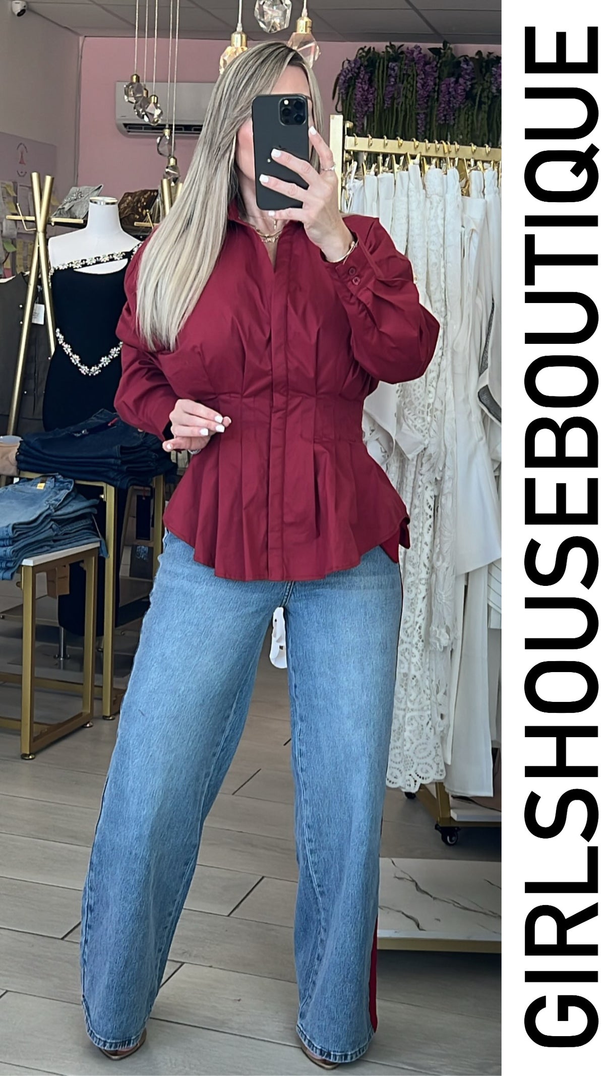 Wine Pleated Long Sleeve Blouse