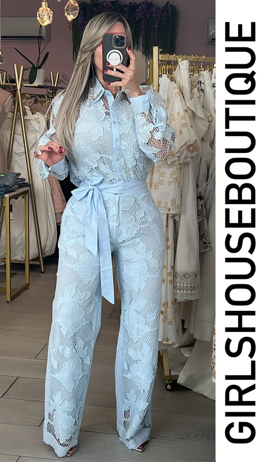 Ice Blue Crystal Lace Blouse & Pant Set