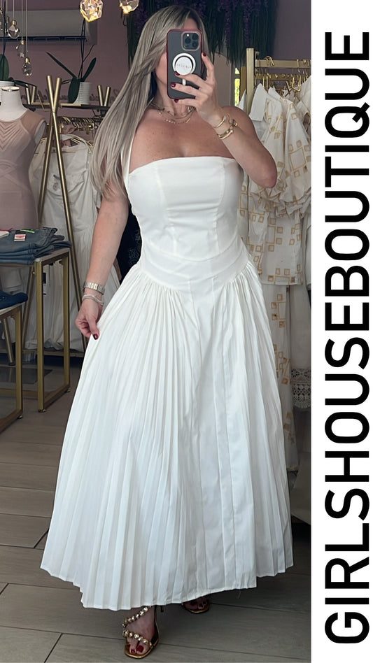 White Halter Elegance Pleated Dress