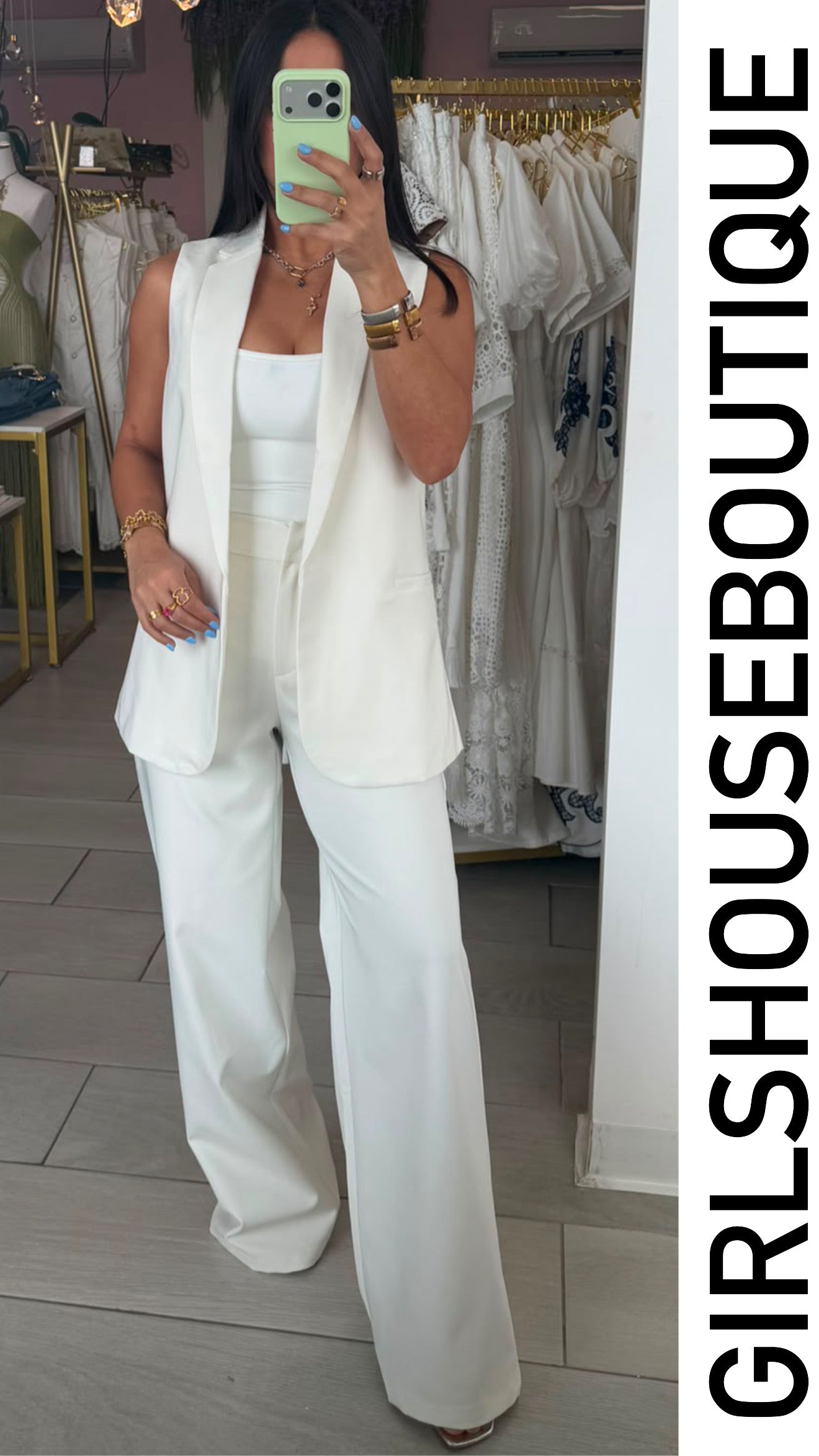 Ovi Collection White Long Vest & Pant Set
