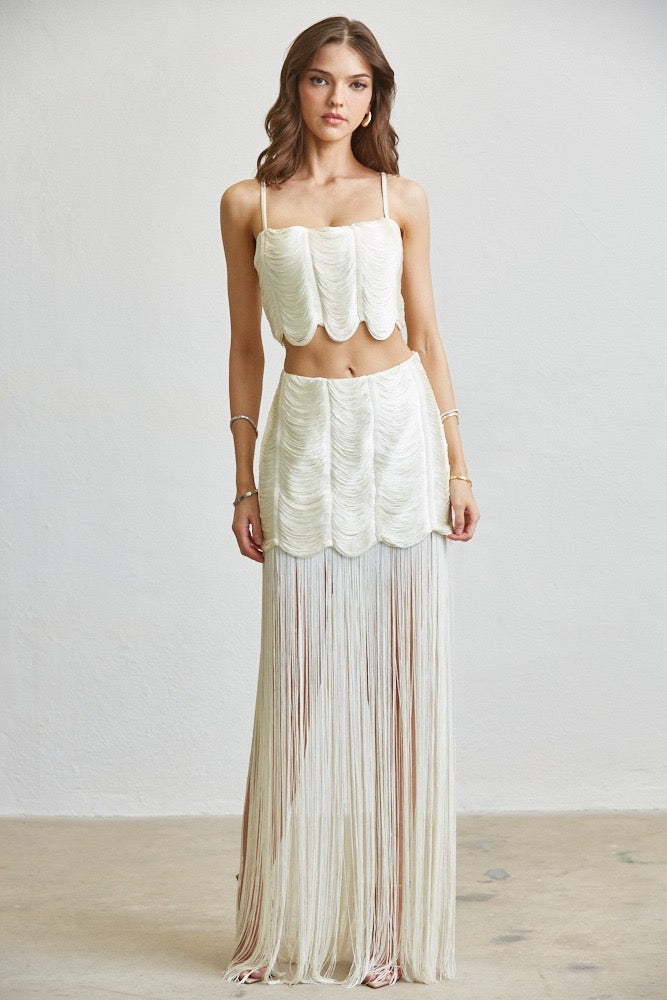 Bianca Soft Creme Fringe Crop Top & Skirt Set