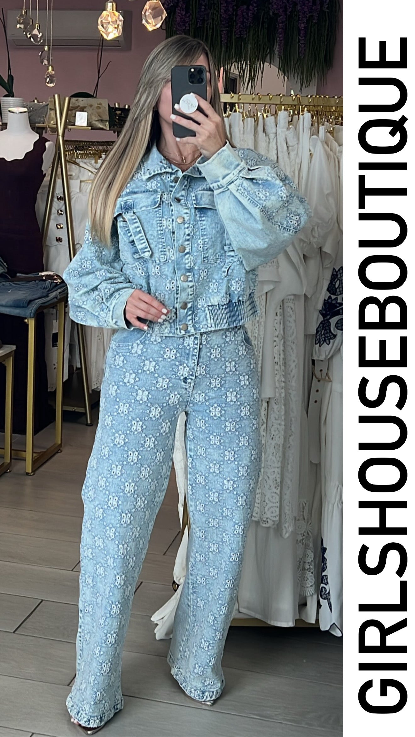 Light Denim Embroidery Oversize Jacket & Strech Pant Set