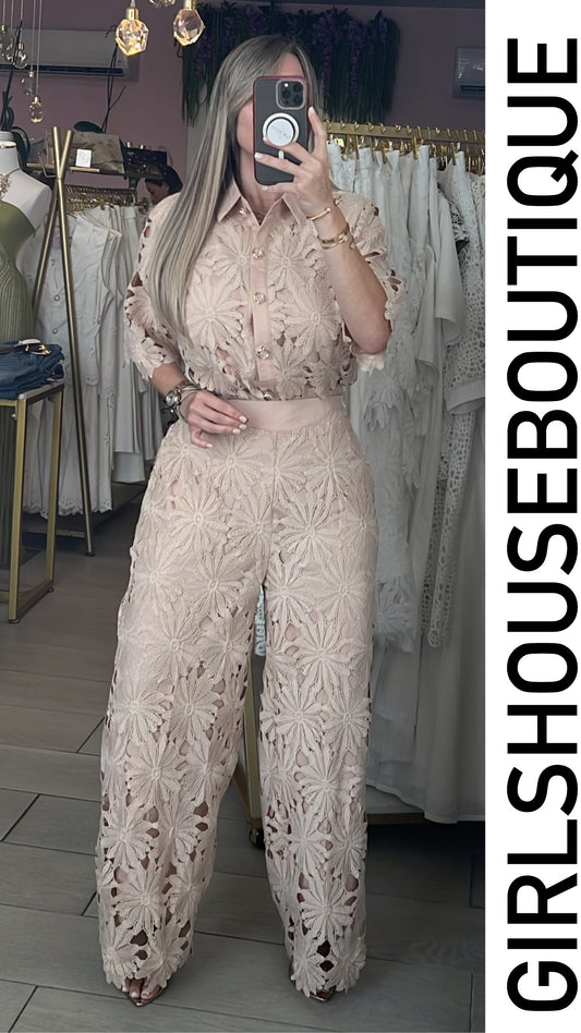 Natural Cremme Lace Elegance Blouse & Pant Set