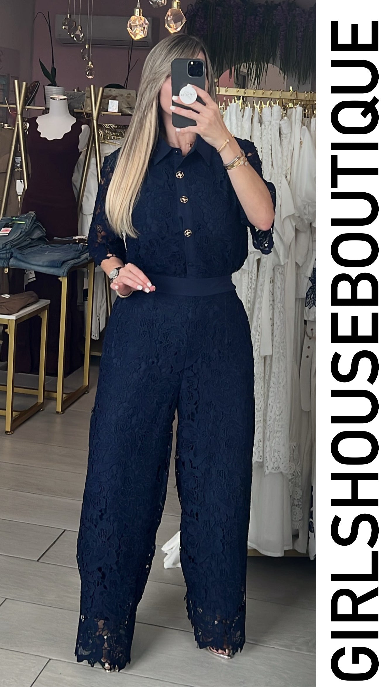 Midnight Blue Navy Elegance Lace Blouse & Pant Set
