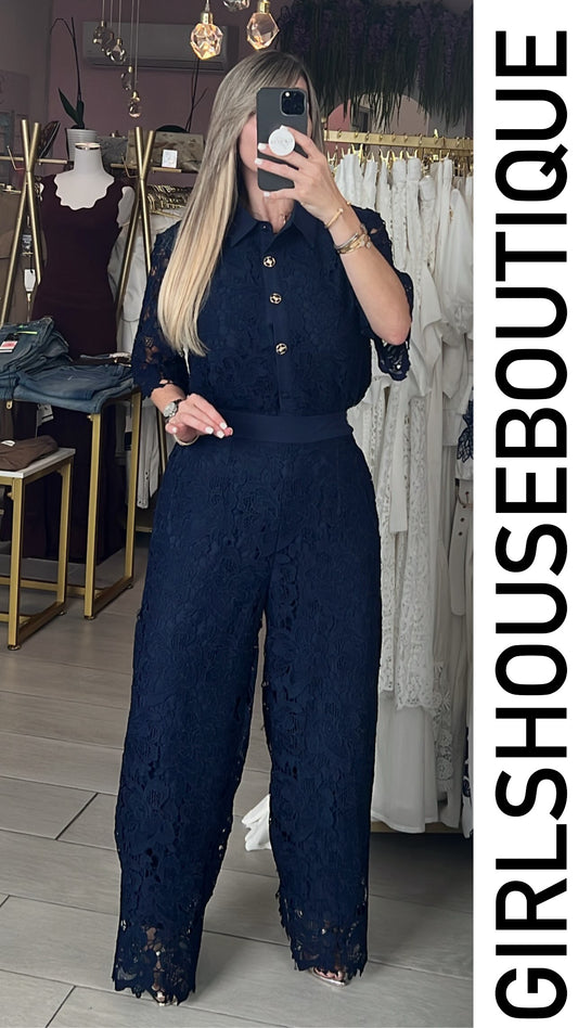 Midnight Blue Navy Elegance Lace Blouse & Pant Set