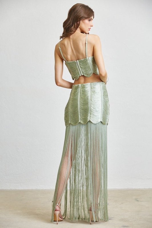 Bianca Soft Sage Fringe Crop Top & Skirt Set