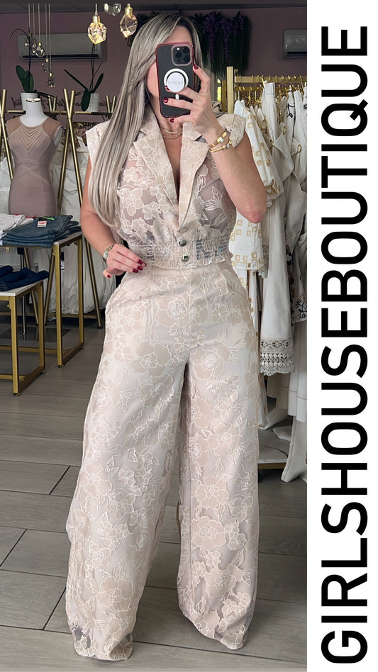 Creme Soft Flower Textured Top & Pant Set