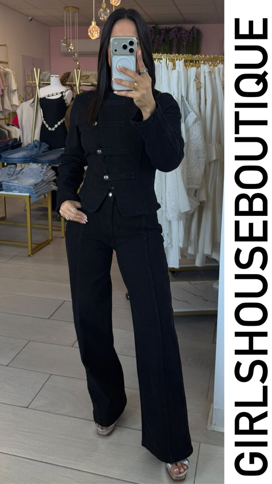 Black Denim Asymetric Buttons Jacket Design & Pant Set (Tiene Strech)