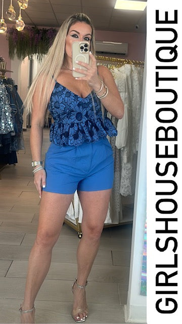 Sky Blue/Navy Ruffle Top & Short Set