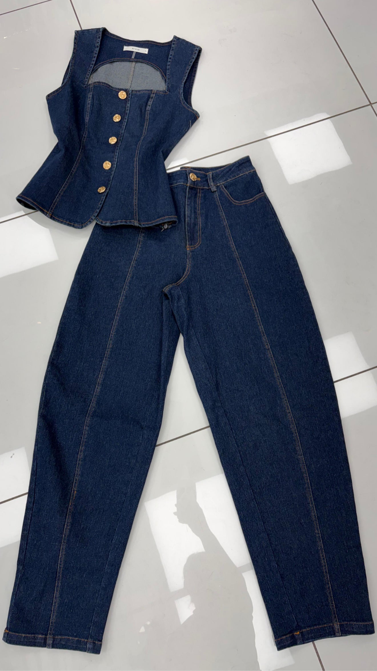 Índigo Vest Gold Button & Pant Set