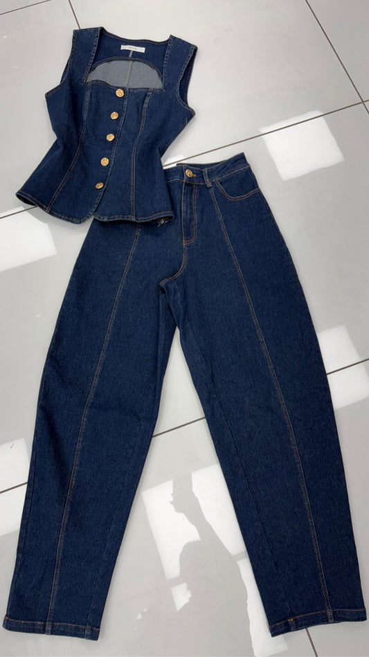 Índigo Vest Gold Button & Pant Set