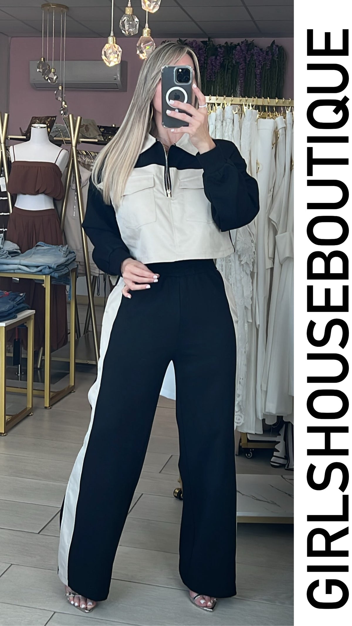 Black/Beige Front Pocket Jacket & Pant Set