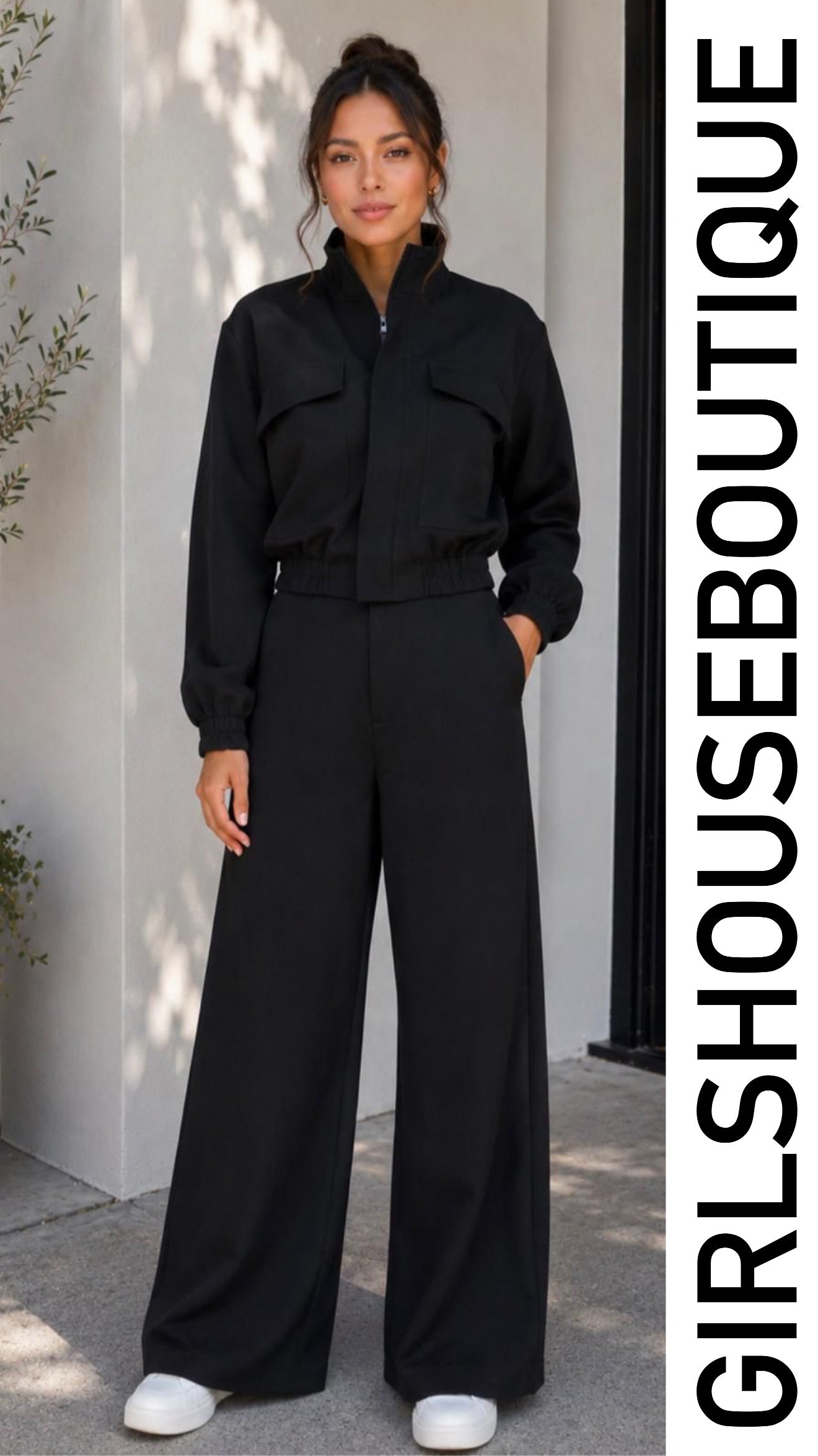 Black Glam Zip-Up Jacket & Strech Pant Set