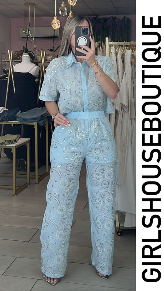 Ice Blue Silver Embroidery Details Blouse & Pant Set