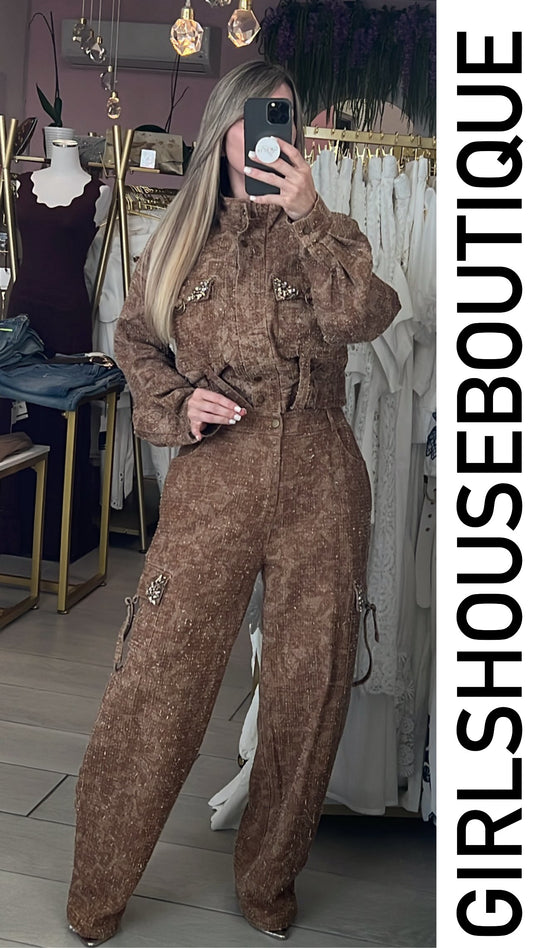 Mocha Denim/Crystal Oversize Jacket & Urban Pant Set