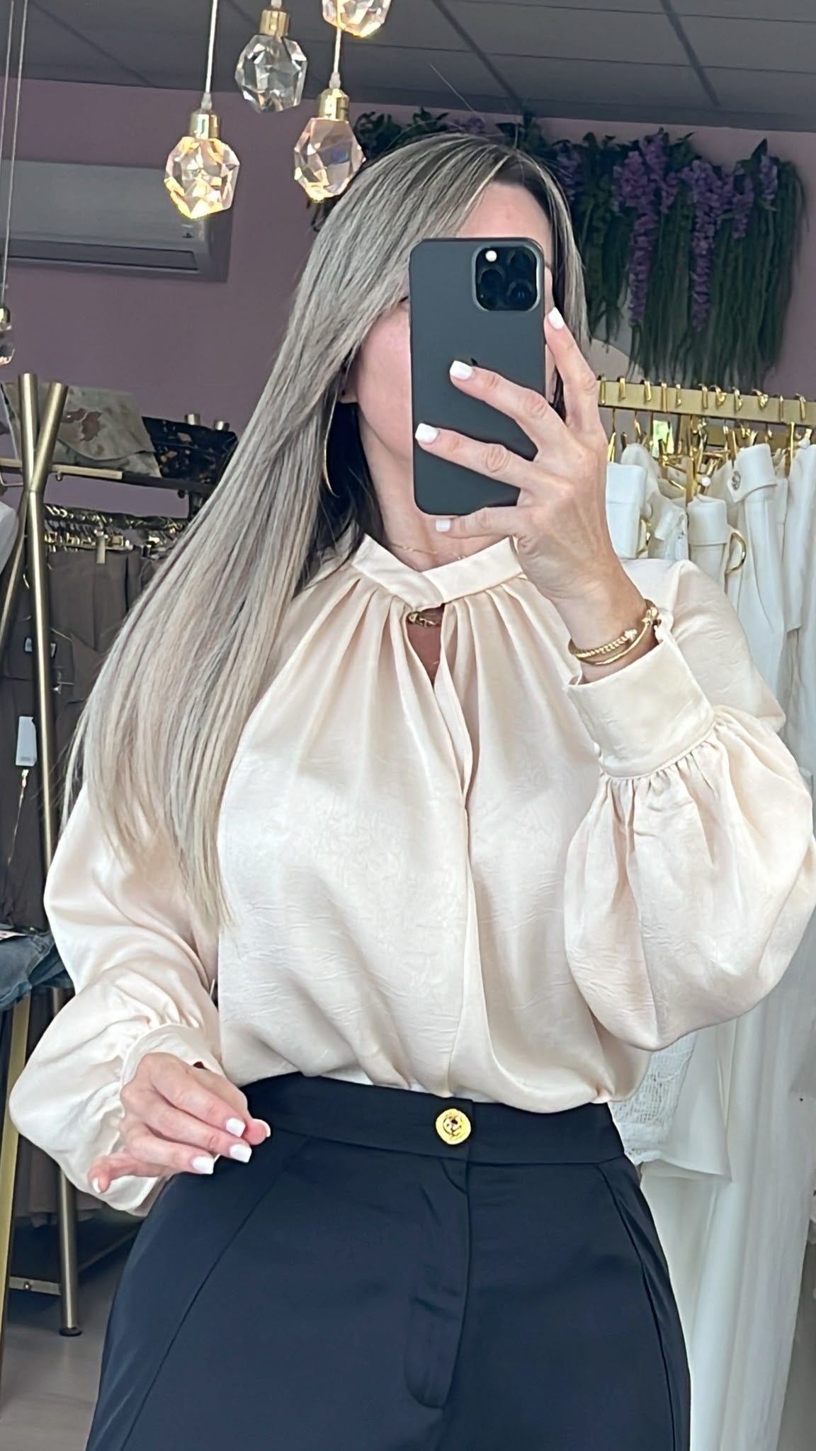 Champagne High Neck Textured Satin Blouse