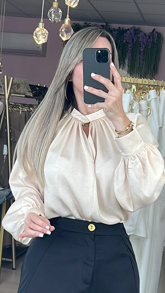 Champagne High Neck Textured Satin Blouse