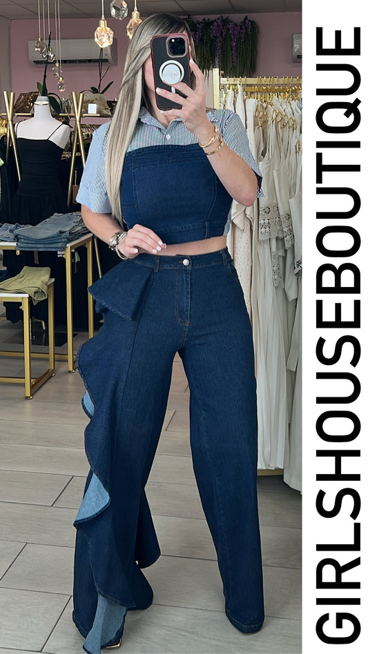 Lisan Dark Denim Strech Crop Top & Ruffle Jeans
