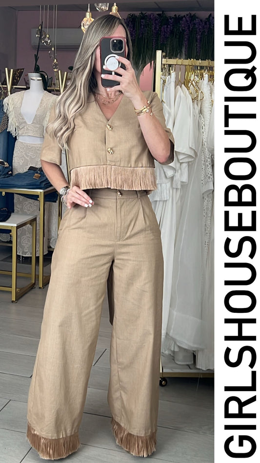Taupe Fringe Elegance Top & Pant Set