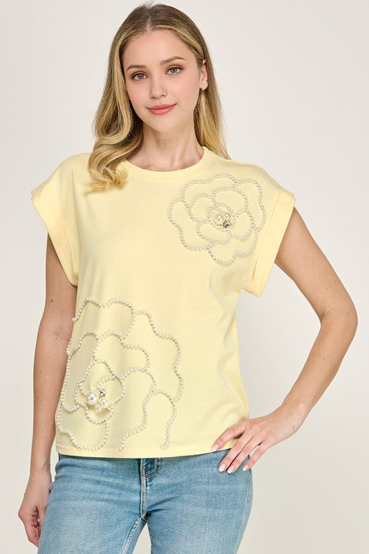 Soft Yellow Pearl Flower Blouse