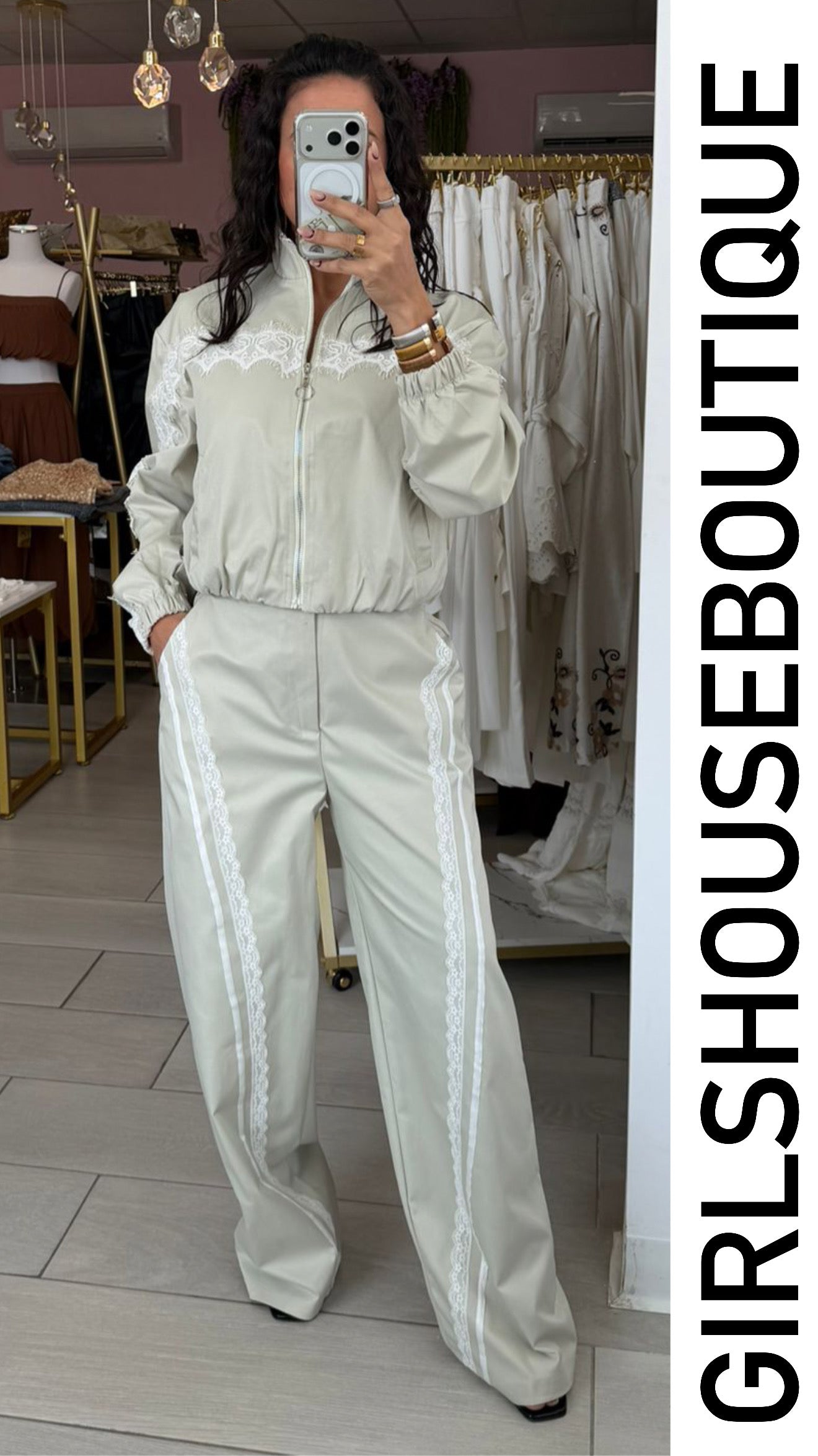 Sand Lace Design Jacket Zip-Up & Elegance Pant Set