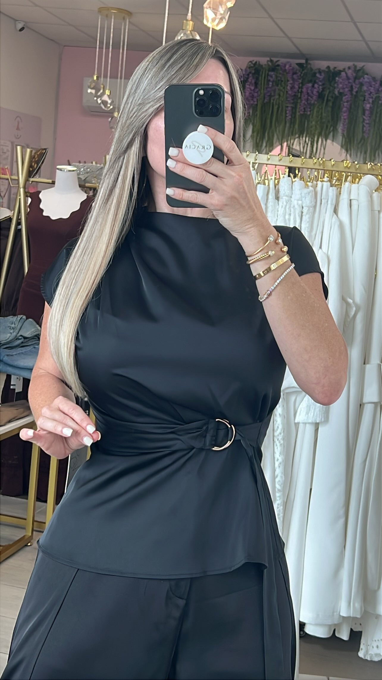Black Wrap Around Turtle Neck Satin Blouse
