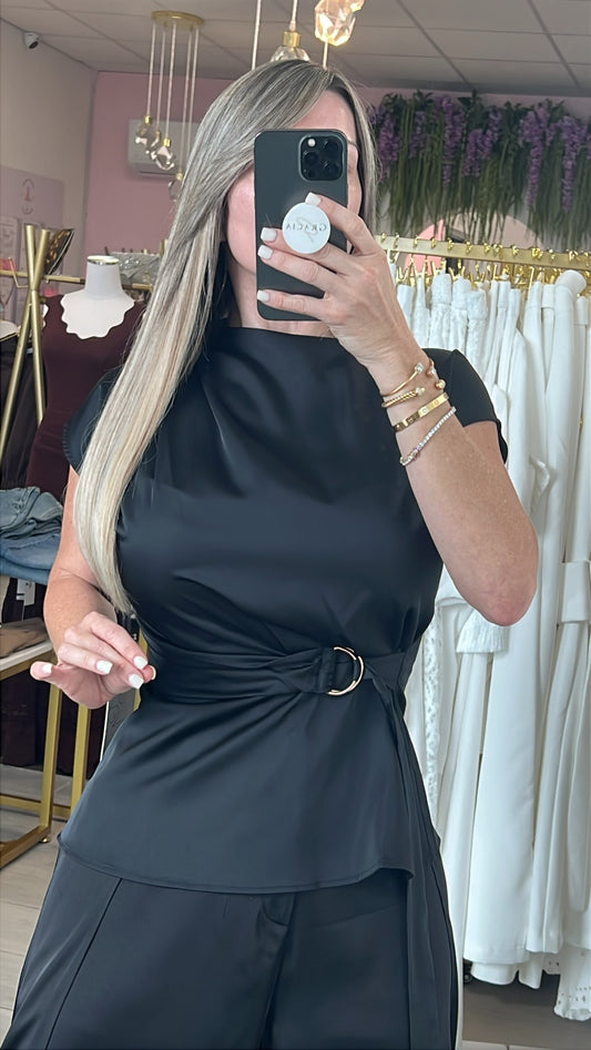 Black Wrap Around Turtle Neck Satin Blouse