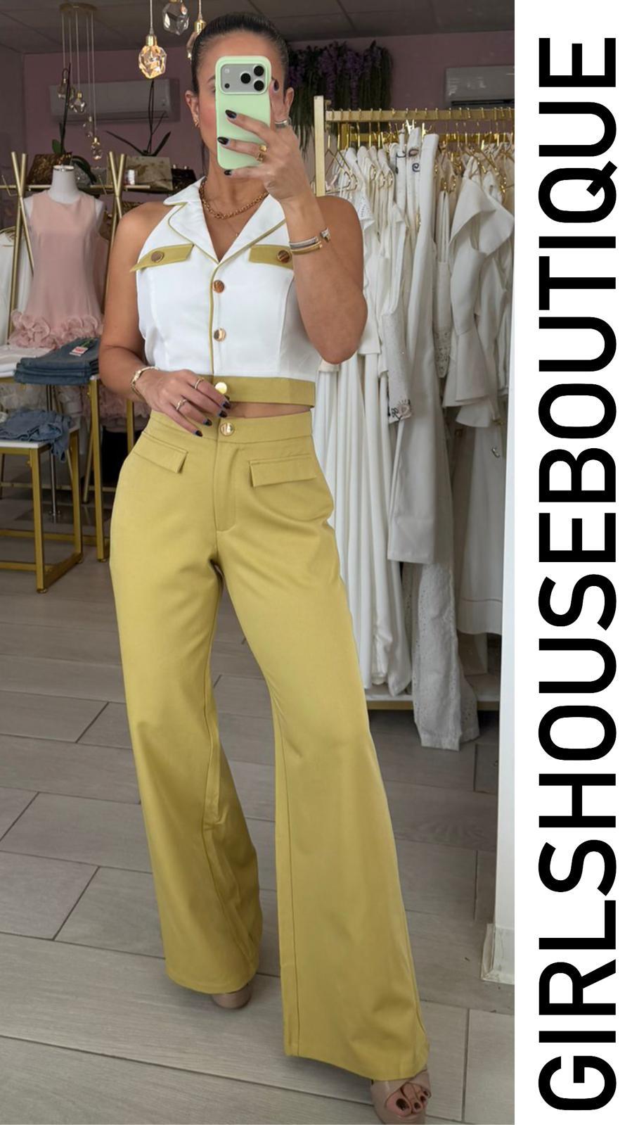 Mustard & White Vest & Pant Set