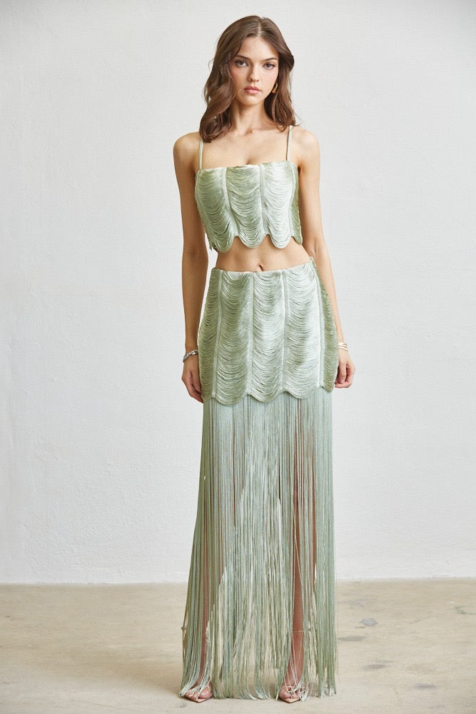 Bianca Soft Sage Fringe Crop Top & Skirt Set