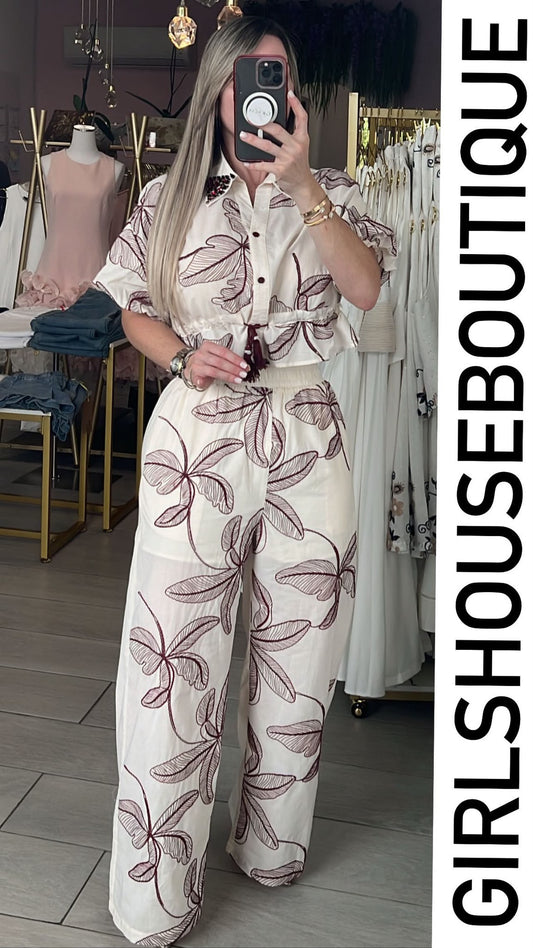 Palms Mocha Embroidery / Puff Sleeve Blouse & Pant Set