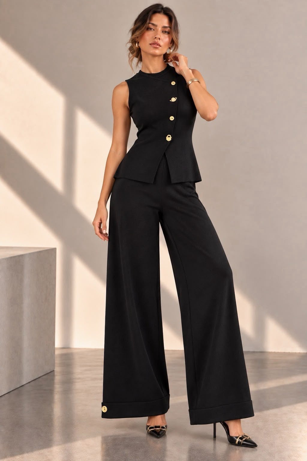 Black Sweater Vest Asymetric Gold Buttons Vest & Pant Set