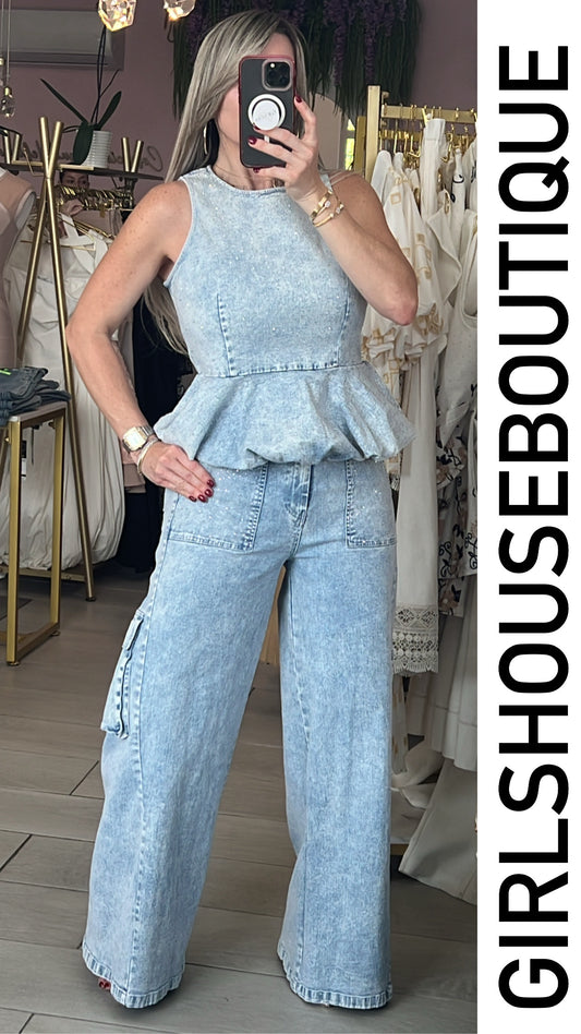 Peplum Wash Denim Top & Barrel Pant Set