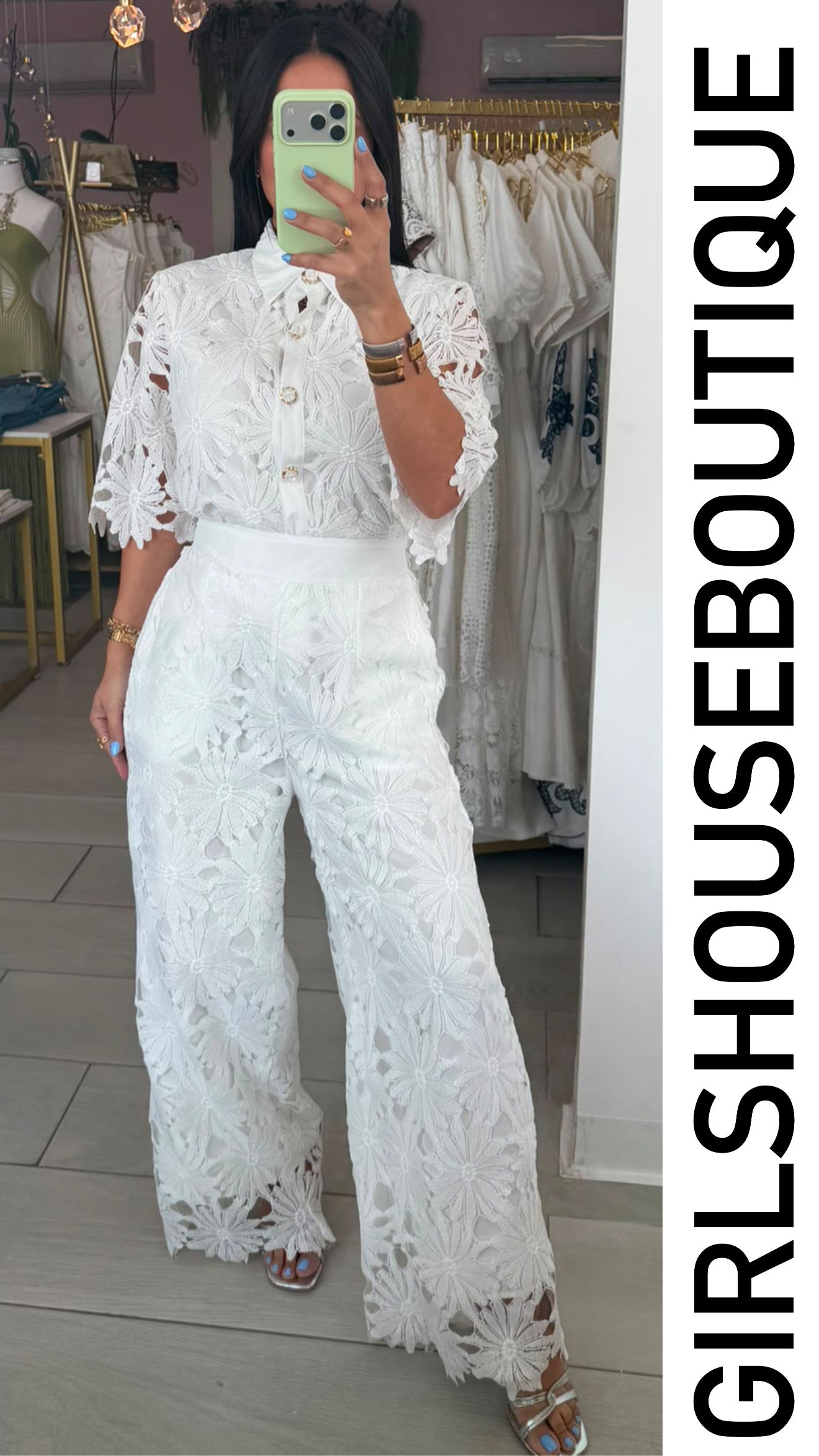 Blanc Elegance Lace Blouse & Pant Set
